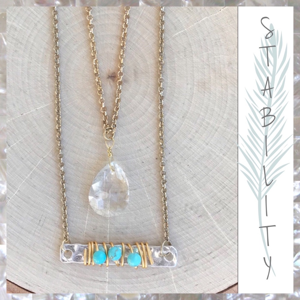 TURQUOISE & CRYSTAL LAYERED GOLD SILVER NECKLACE