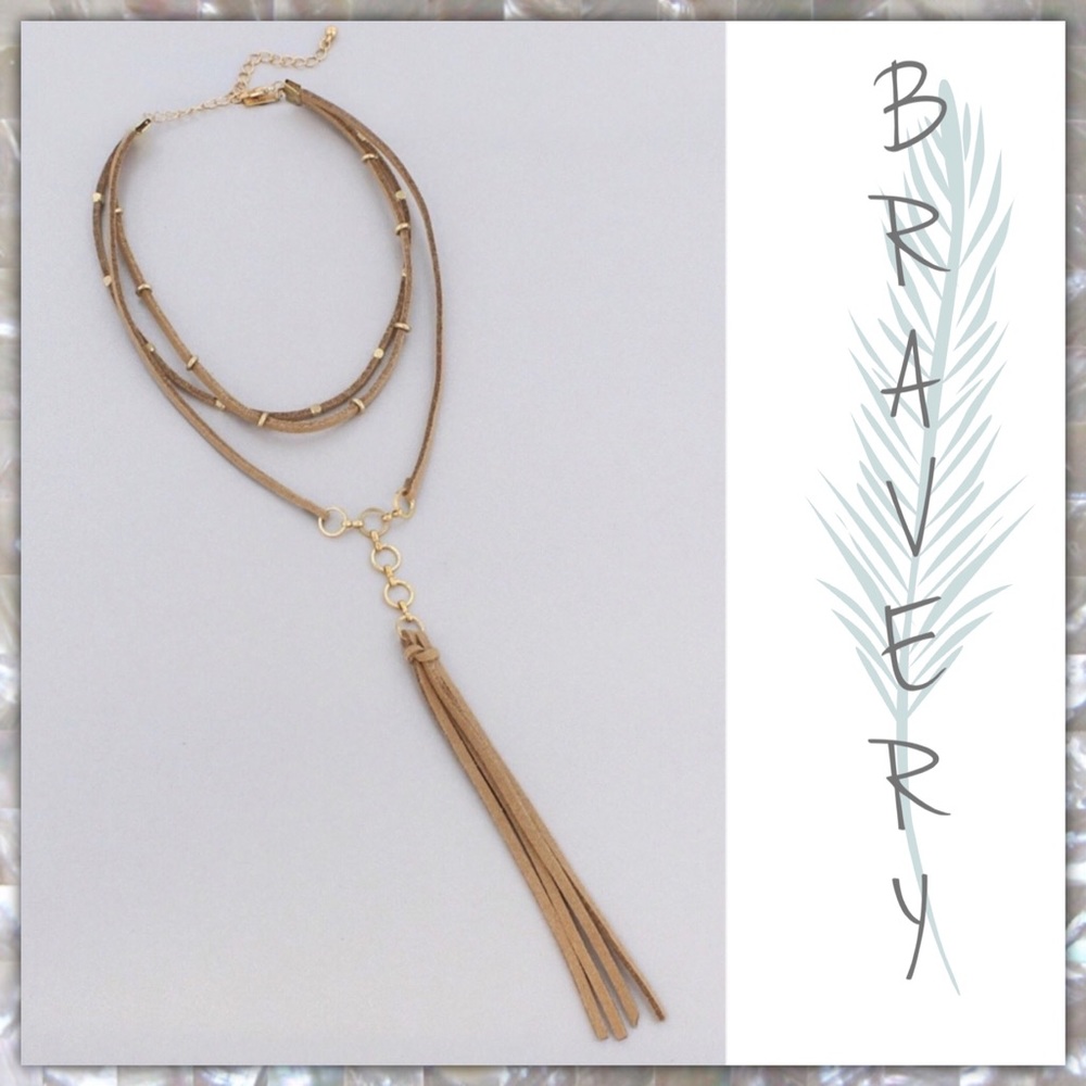 LAYERED NATURAL FAUX SUEDE TASSEL CHOKER NECKLACE