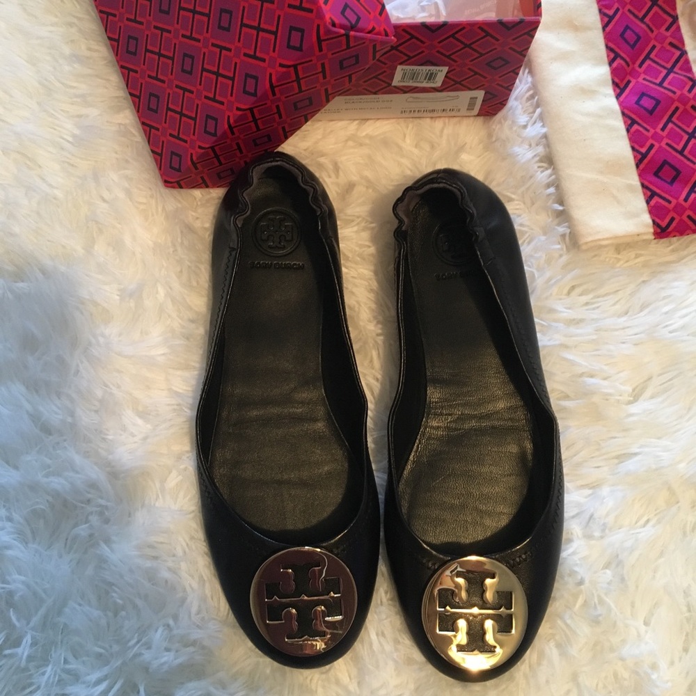 Tory Burch Black Minnie Travel Flats Gold Size 7