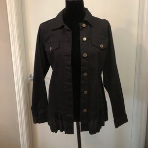 Black Denim Jacket with lace back and ruffle trim