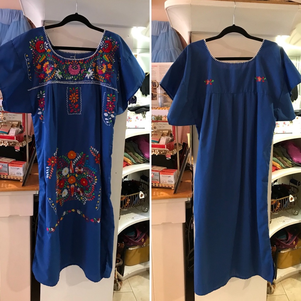 Embroidered Mexican munu dress ethnic floral blue