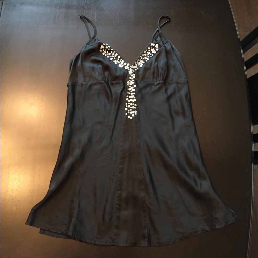 Black silk tank with sequin accents