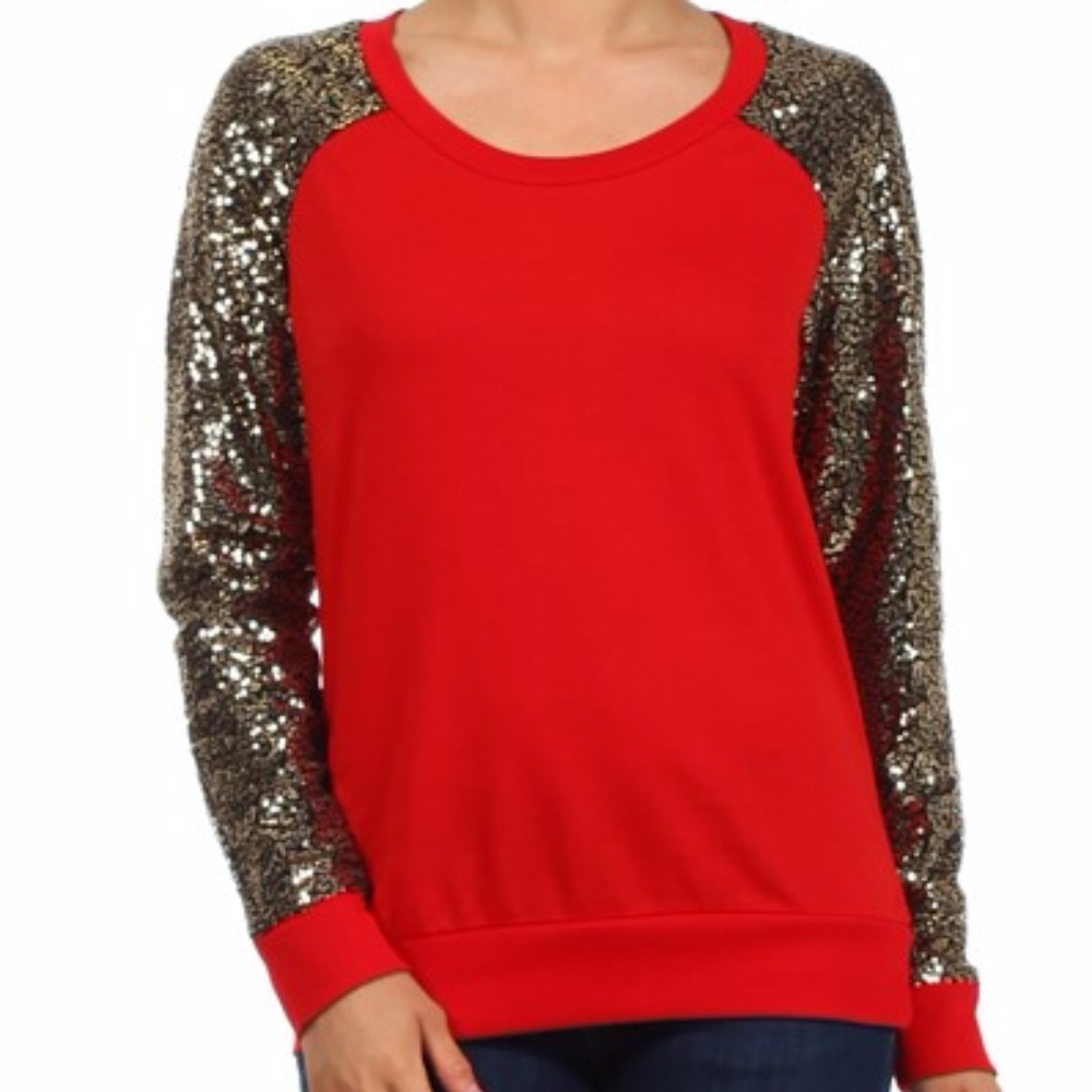 Red Sweater with Gold Sequin Sleeves