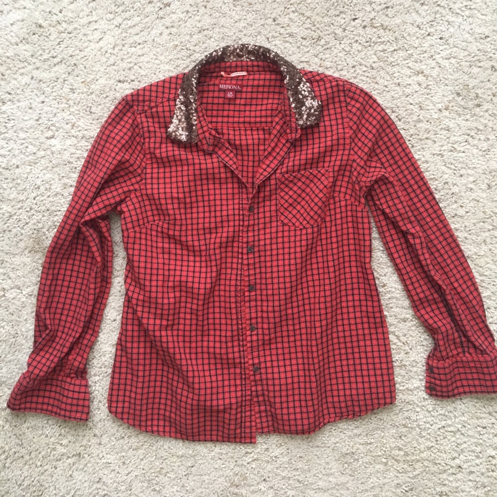 Merona Red Plaid Flannel with Bronze Sequin Collar