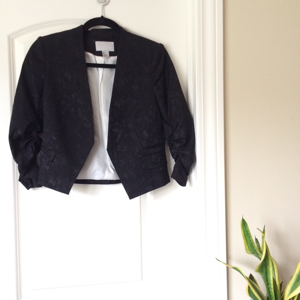 H&M Black Jacquard Open Ruched Sleeve Blazer, 6