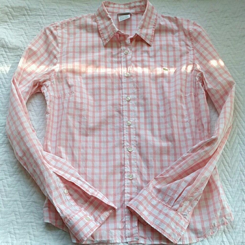Lacoste, Gingham Pink & White Button Up Top