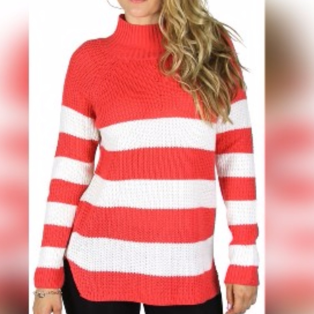 Coral & White Strip Mock Neck Sweater