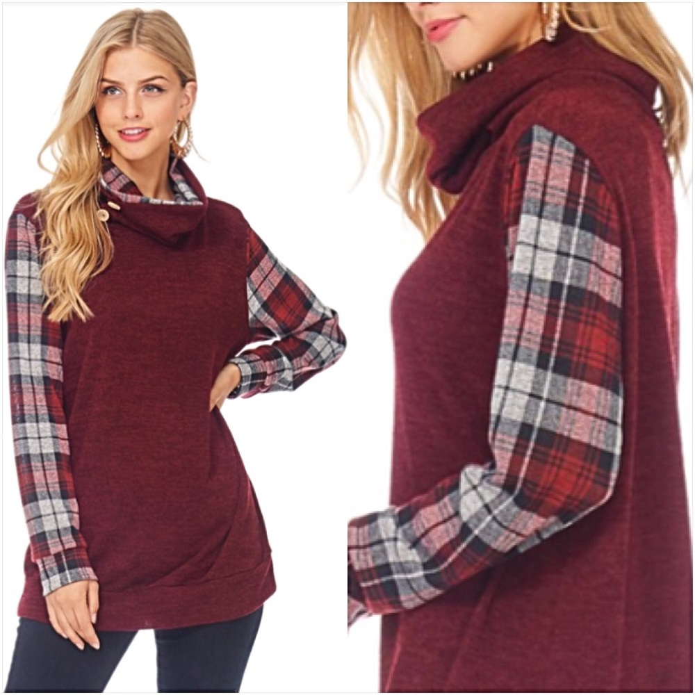 Amazingly Gorgeous Plaid Cowl Neck Tunic Top sold - Picture 2 of 7