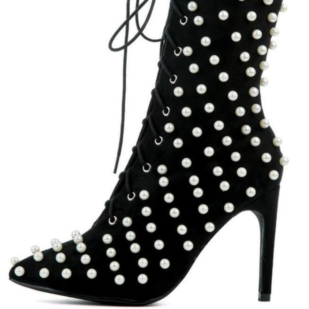 Pearl Embellished Lace Up Booties