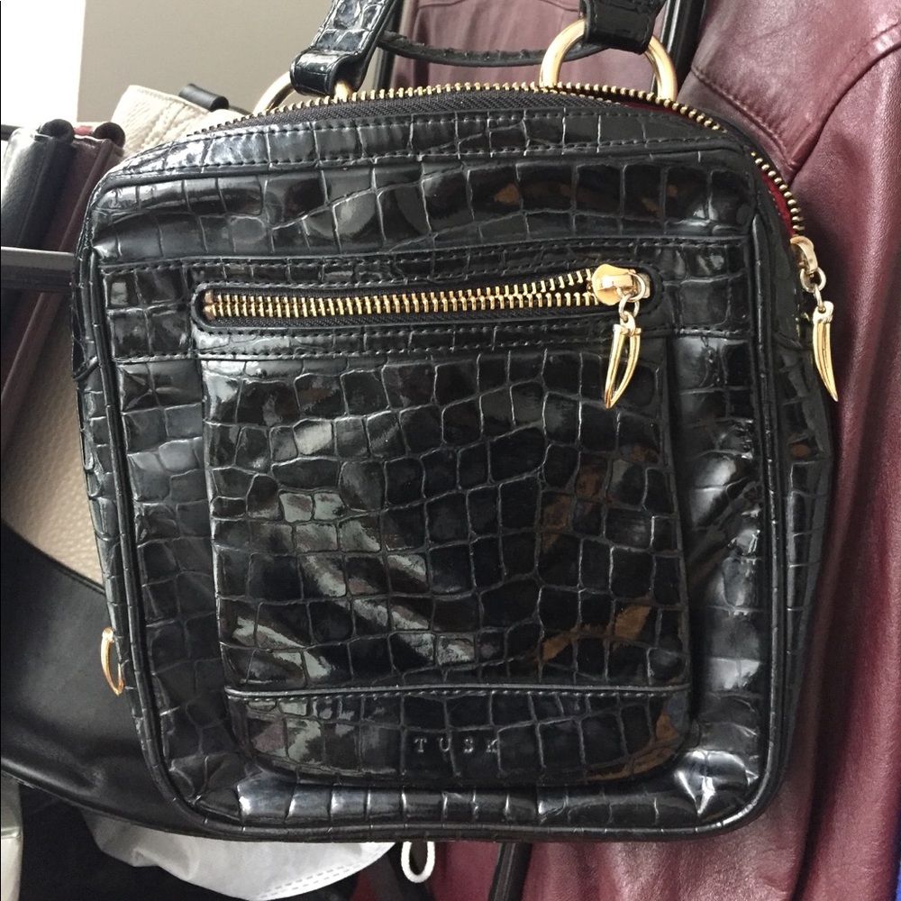 Tusk black croc embossed patent leather cross body