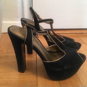 Black with gold trim t-strap suede platform heels
