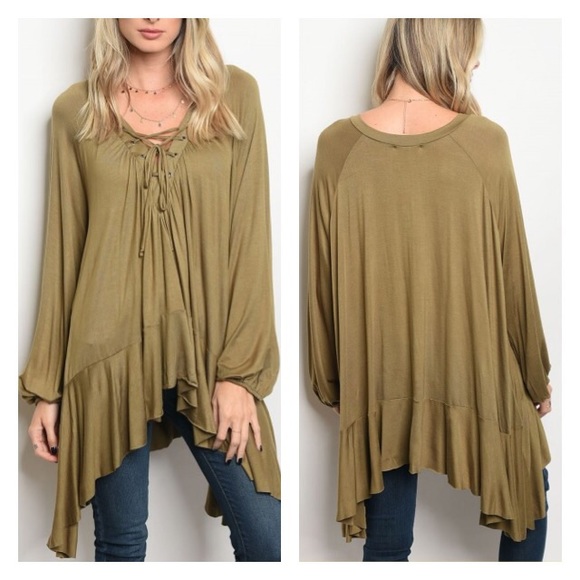 Olive Green Lace Up Long Sleeve Boho Tunic Top - Picture 2 of 4