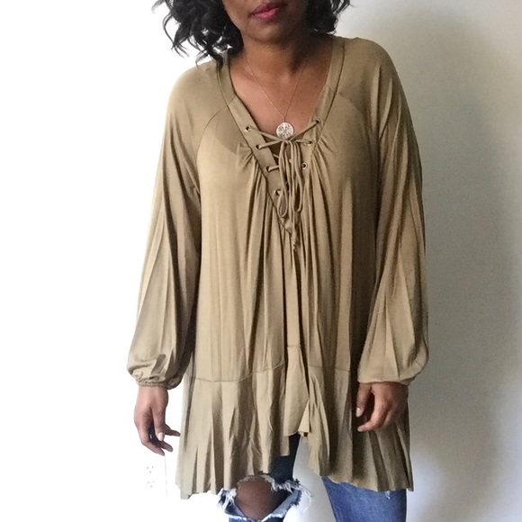 The Luxe Bohemian Tops - Olive Green Lace Up Long Sleeve Boho Tunic Top