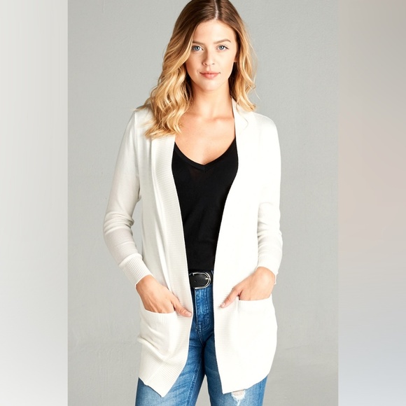 Sweaters - Basic White Open Style Pocket Cardigan