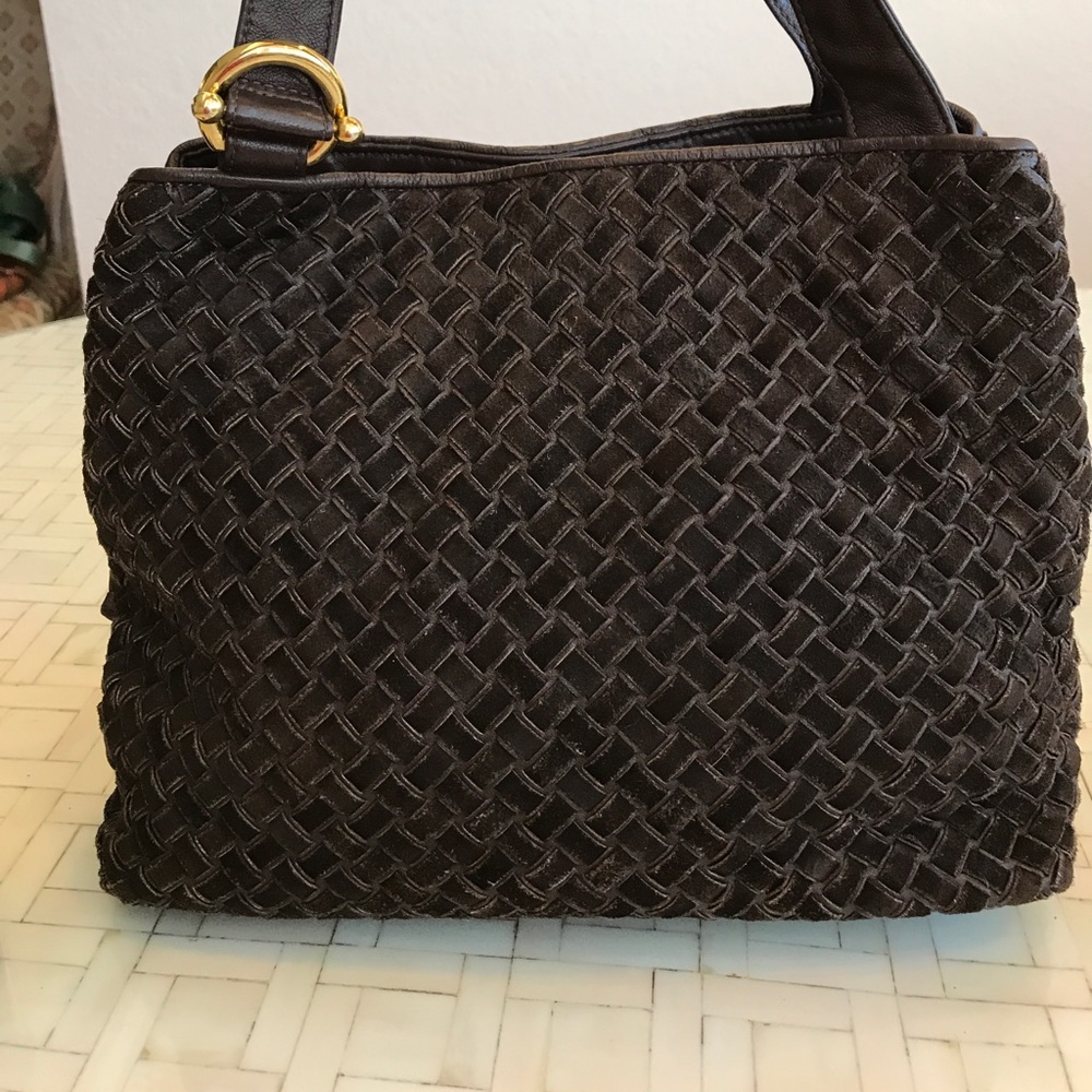Ganson chocolate brown basket weave suede handbag