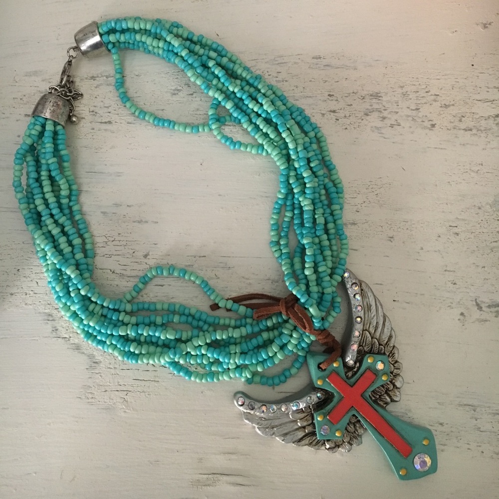 Beautiful blue and mint bead necklace with cross