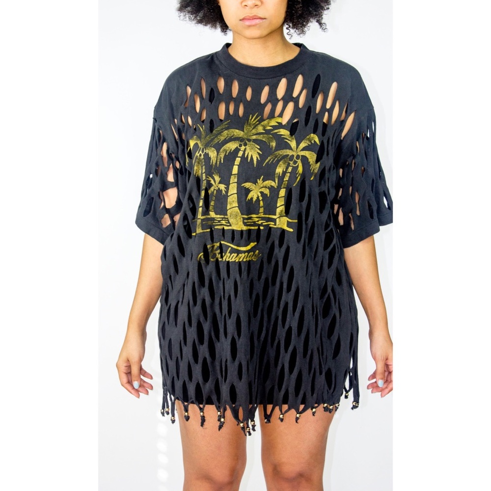 Vintage Dorsett Tee’s Bahamas Cut-Out T-Shirt 3XL Mesh Fringe Graphic Palm Trees
