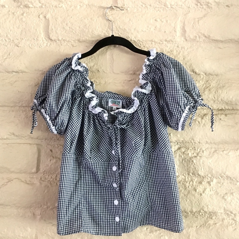 vintage black white gingham lace dirndl 90s blouse