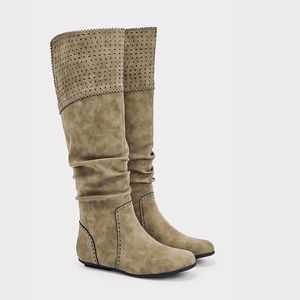 NEW 2017 Taupe Gray Faux Suede Tall Flat Boots