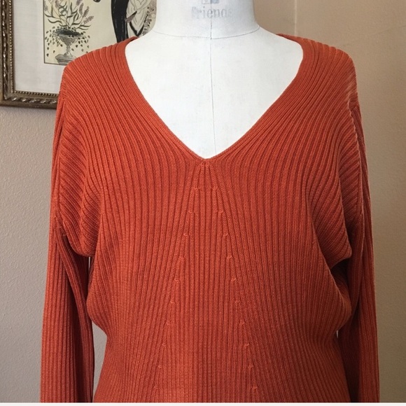 vintage silk v neck 90s orange sweater rib knit - Picture 1 of 5
