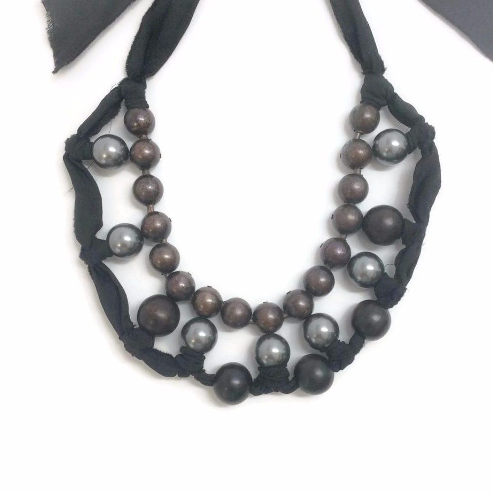Lanvin Faux Pearl, Wooden Bead & Ribbon Necklace - Picture 2 of 8