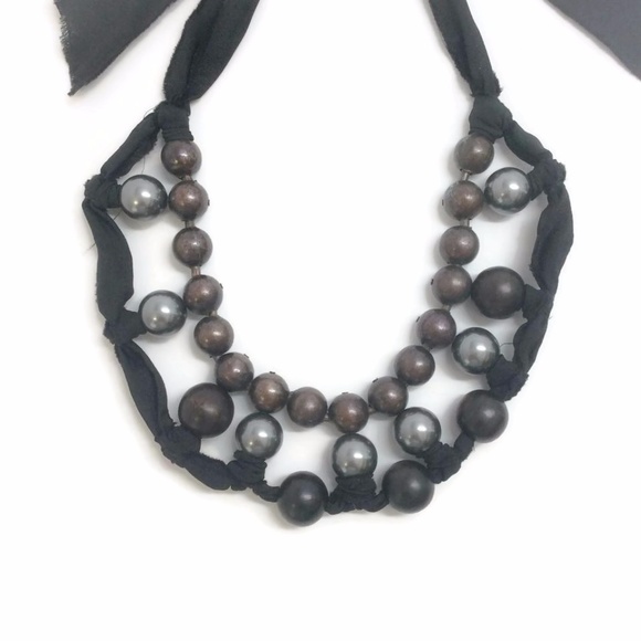 Lanvin Faux Pearl, Wooden Bead & Ribbon Necklace - Picture 2 of 8