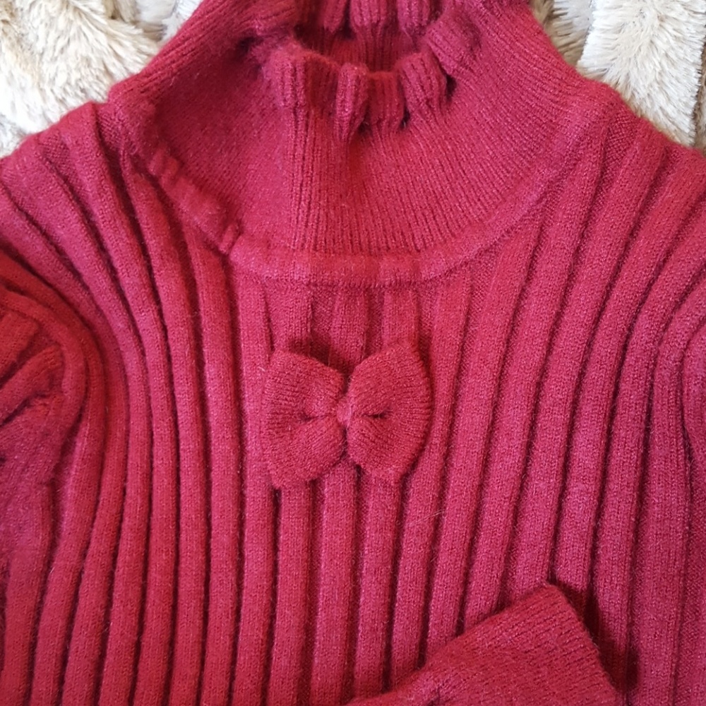 Burgundy Girls Bow Tie Ribbed Tunic Sweater