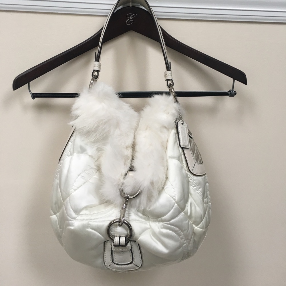 Authentic White Coach hobo bag with fur trim
