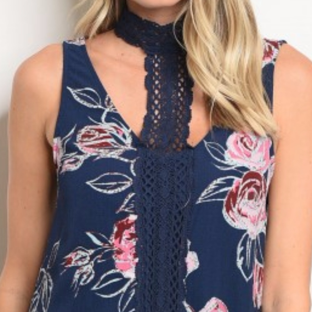 NAVY BLUE FLORAL PRINT CHOKER DRESS - Picture 3 of 4