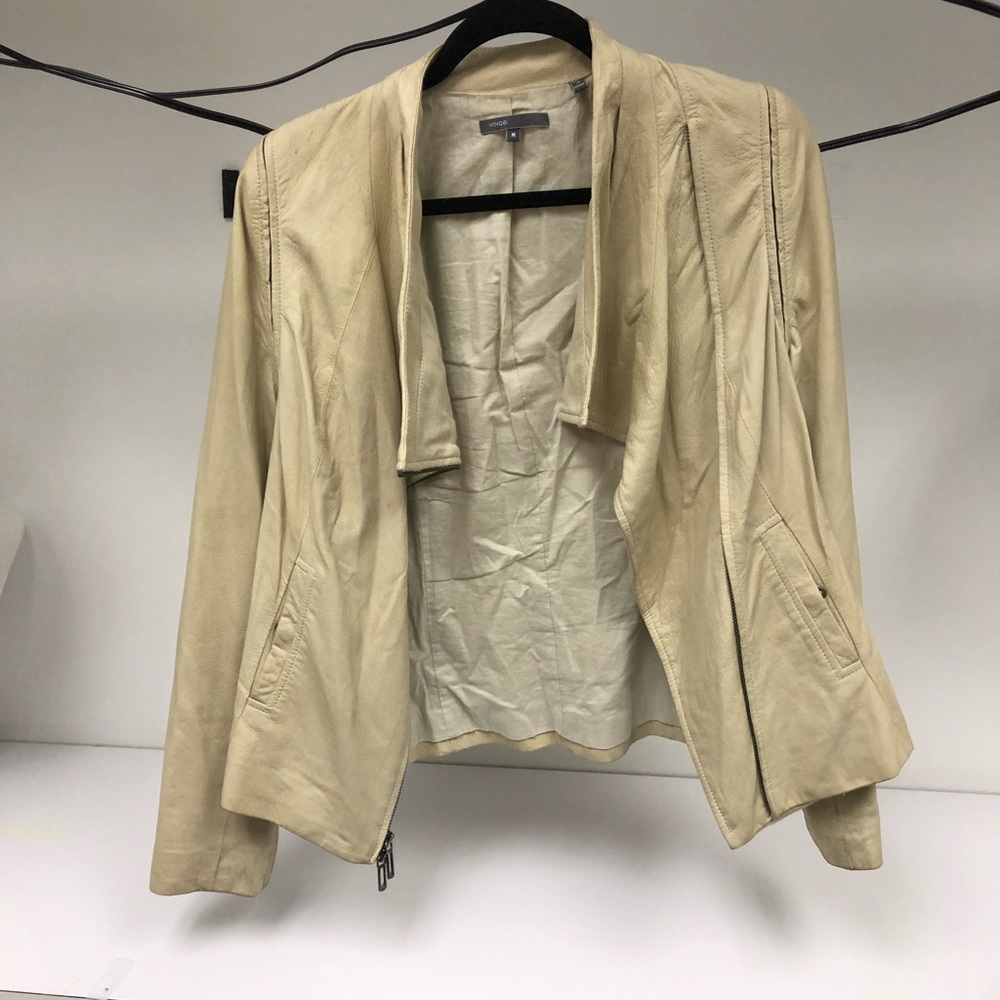 Cream Vince Leather Jacket with Zip off Sleeves-M