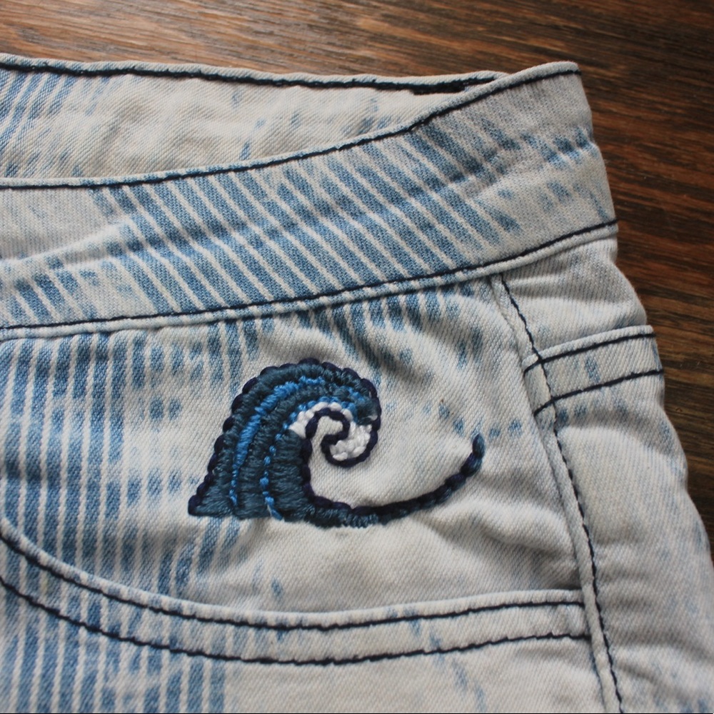 Upcycled Pinstripe Shorts w/Wave Embroidery
