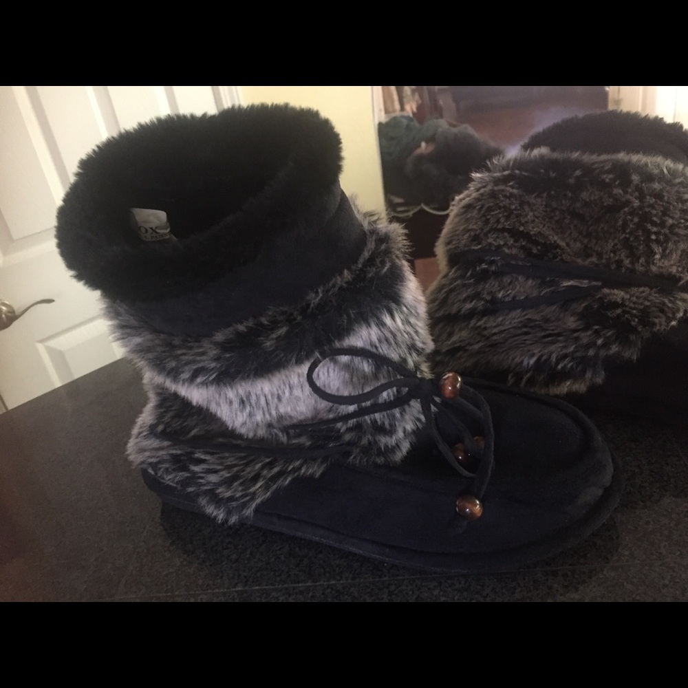 Black Grey Fur Slipper Boots