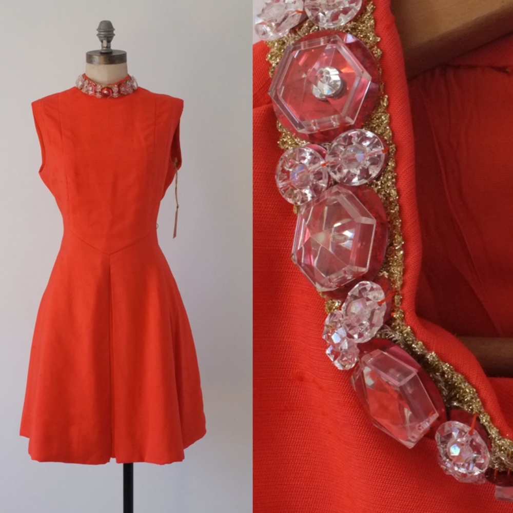vintage 60s orange dress | jeweled collar dress
