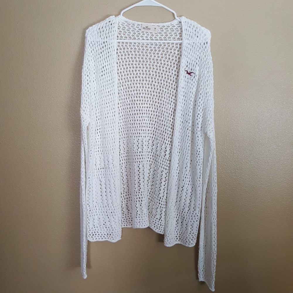 🔴 Hollister Medium White Crochet Open-sweater