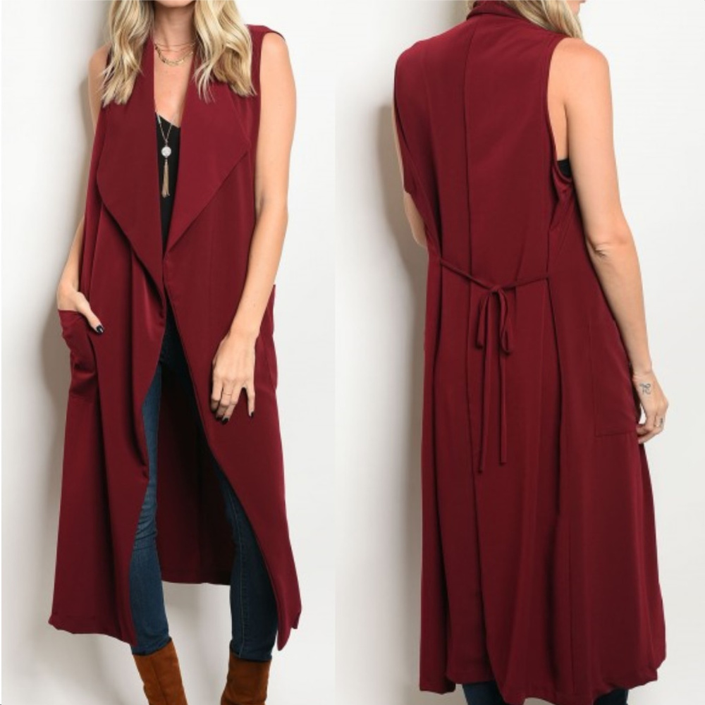 BURGUNDY SLEEVELESS DUSTER/ VEST - Picture 2 of 4