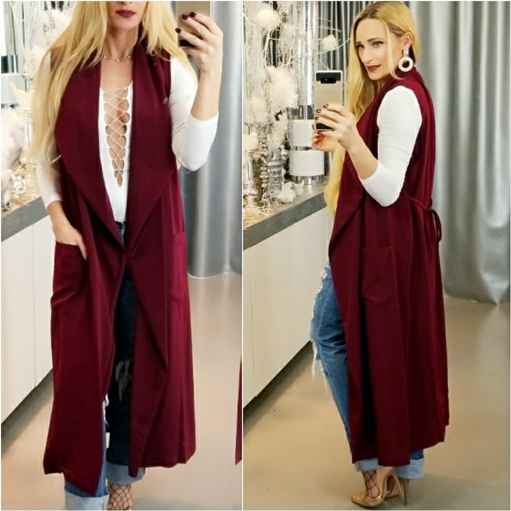 BURGUNDY SLEEVELESS DUSTER/ VEST - Picture 3 of 4