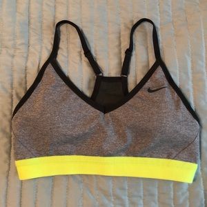 Grey and neon yellow sports bra
