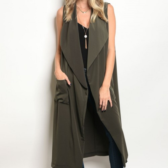 ((LAST ONE))OLIVE GREEN SLEEVELESS DUSTER/VEST - Picture 2 of 4