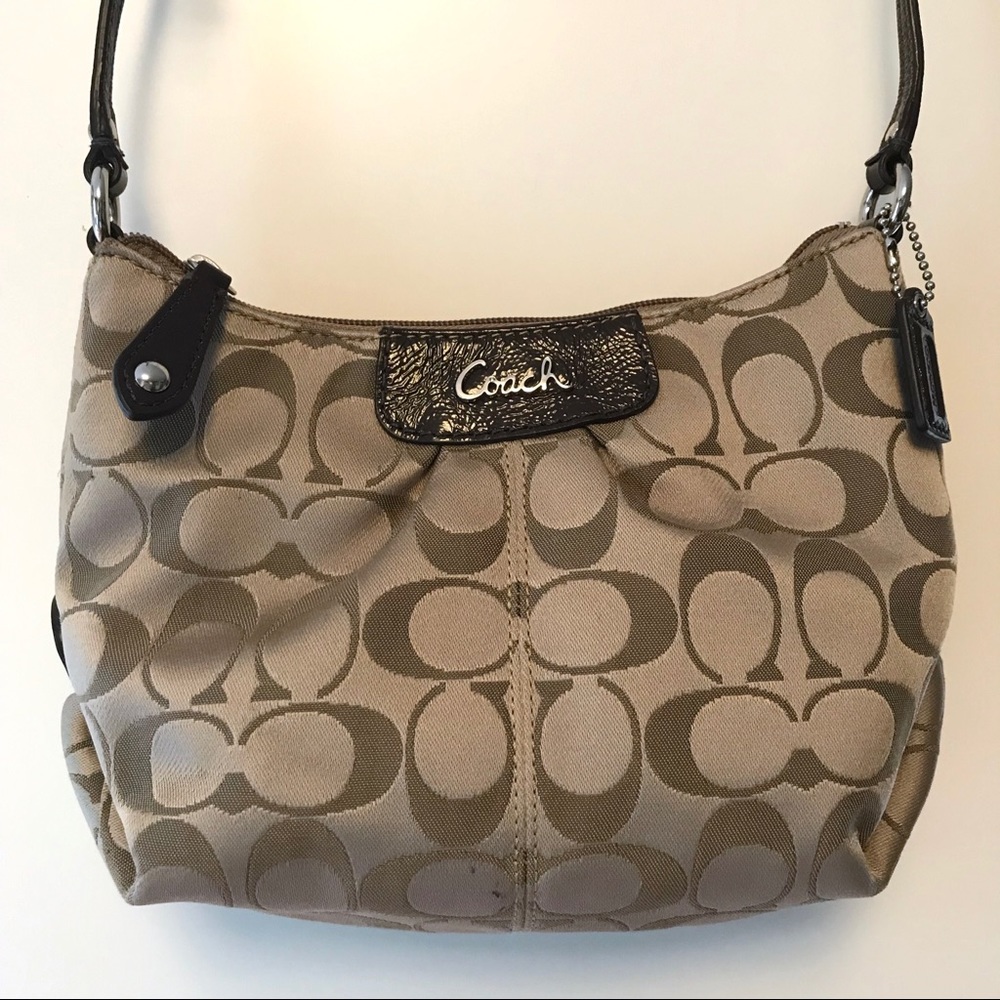 Mini Coach Bag | tan fabric, brown leather accents