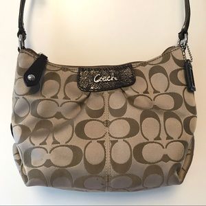 Mini Coach Bag | tan fabric, brown leather accents
