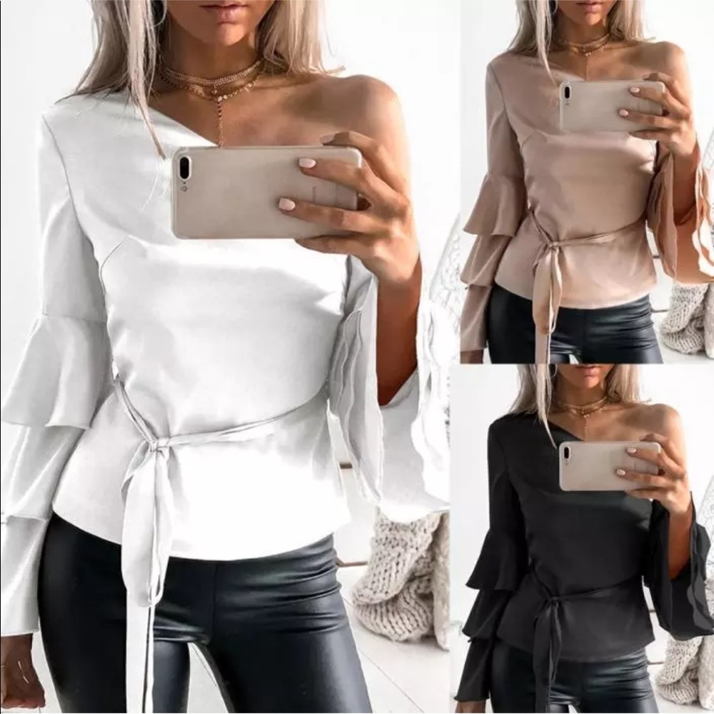 Winter White Cold Shoulder Ruffle Blouse - Picture 2 of 5