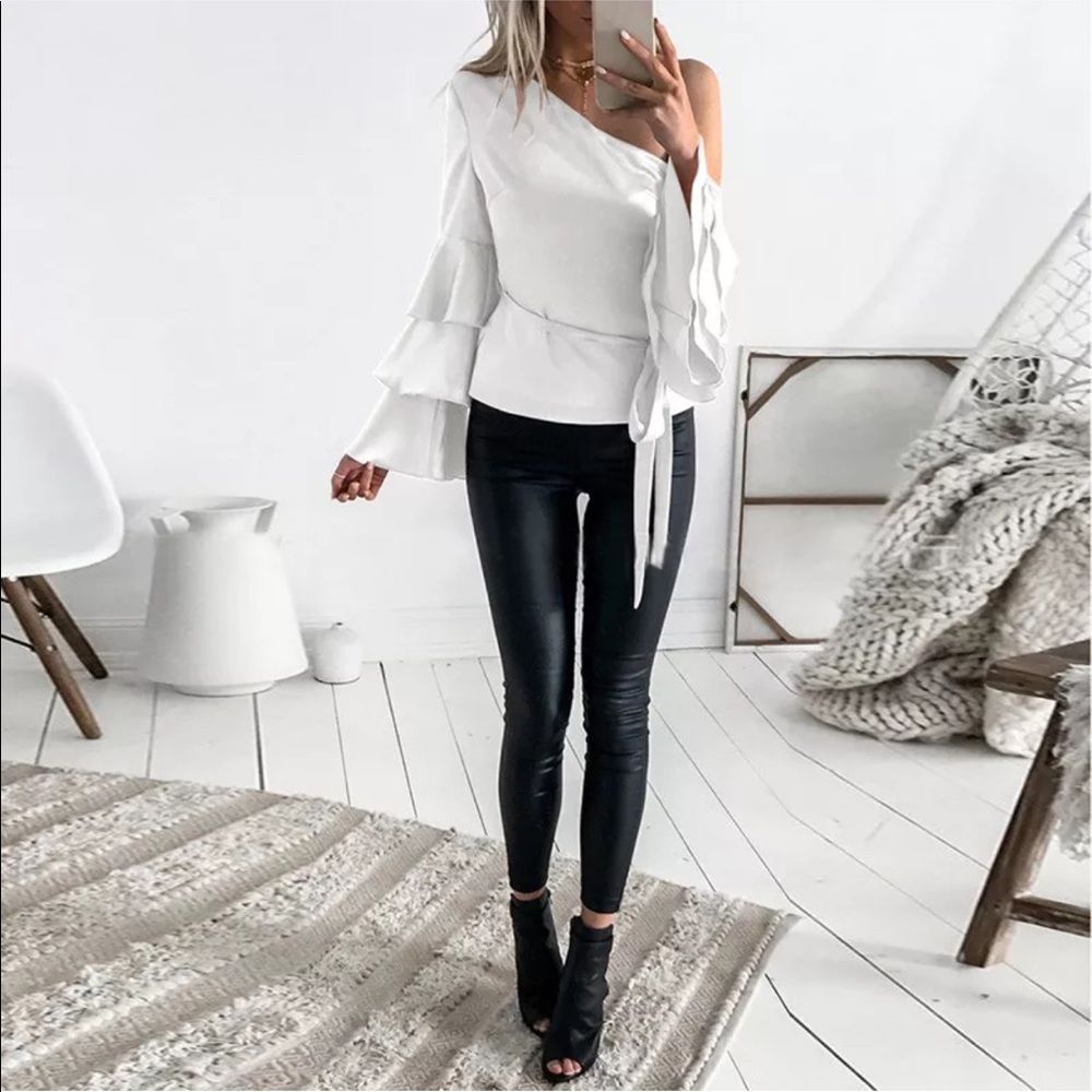 Winter White Cold Shoulder Ruffle Blouse - Picture 3 of 5