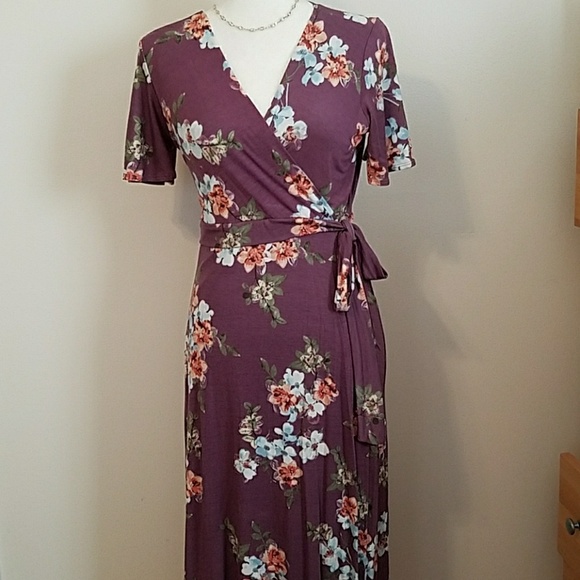 Dusty lavender floral jersey WRAP dress various sz - Picture 4 of 8