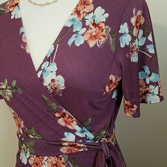 Dusty lavender floral jersey WRAP dress various sz - Picture 3 of 8