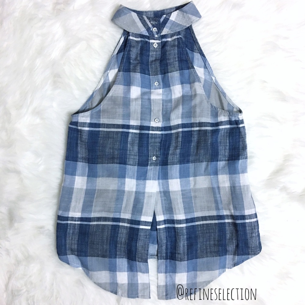 Cloth & Stone Blue Plaid Button Back Halter Top - Picture 4 of 5