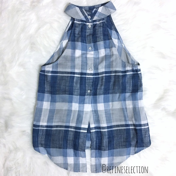 Cloth & Stone Blue Plaid Button Back Halter Top - Picture 4 of 5