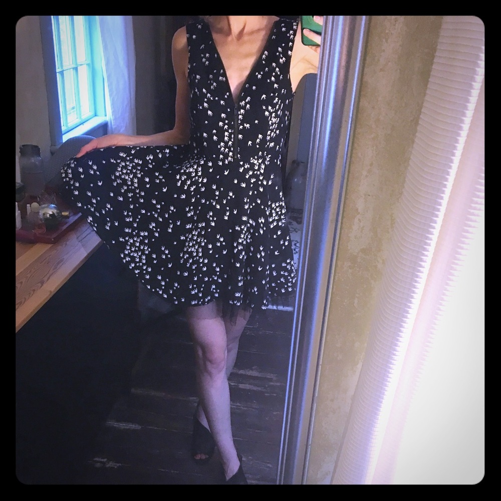 Adorable black mini dress with bird print & tulle