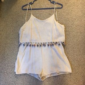 Anthropologie- Linen Pom Pom Romper