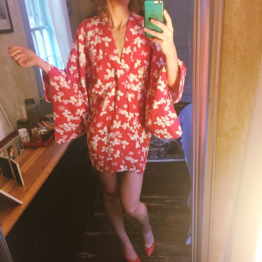 Authentic red flowered kimono style wrap