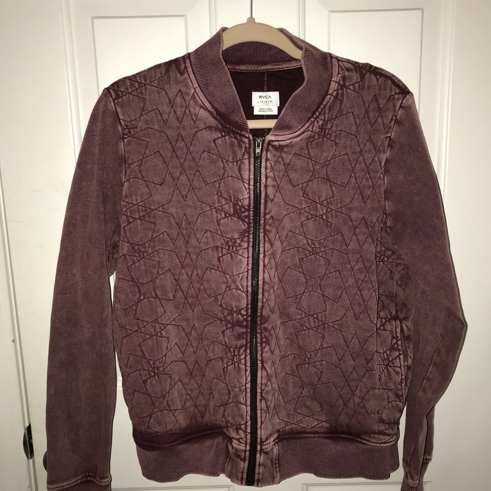 RVCA worn purple bomber jacket